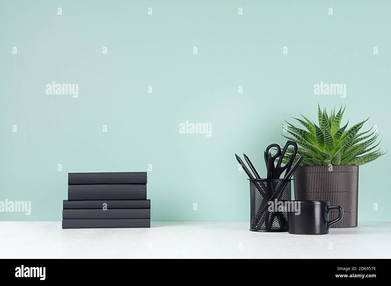 Luogo di lavoro di primavera fresco per lavoro e studio con cancelleria nera, libri, tazza di caffè, pianta di aloe in menthe verde chiaro interno su scrivania di legno bianco, Foto Stock