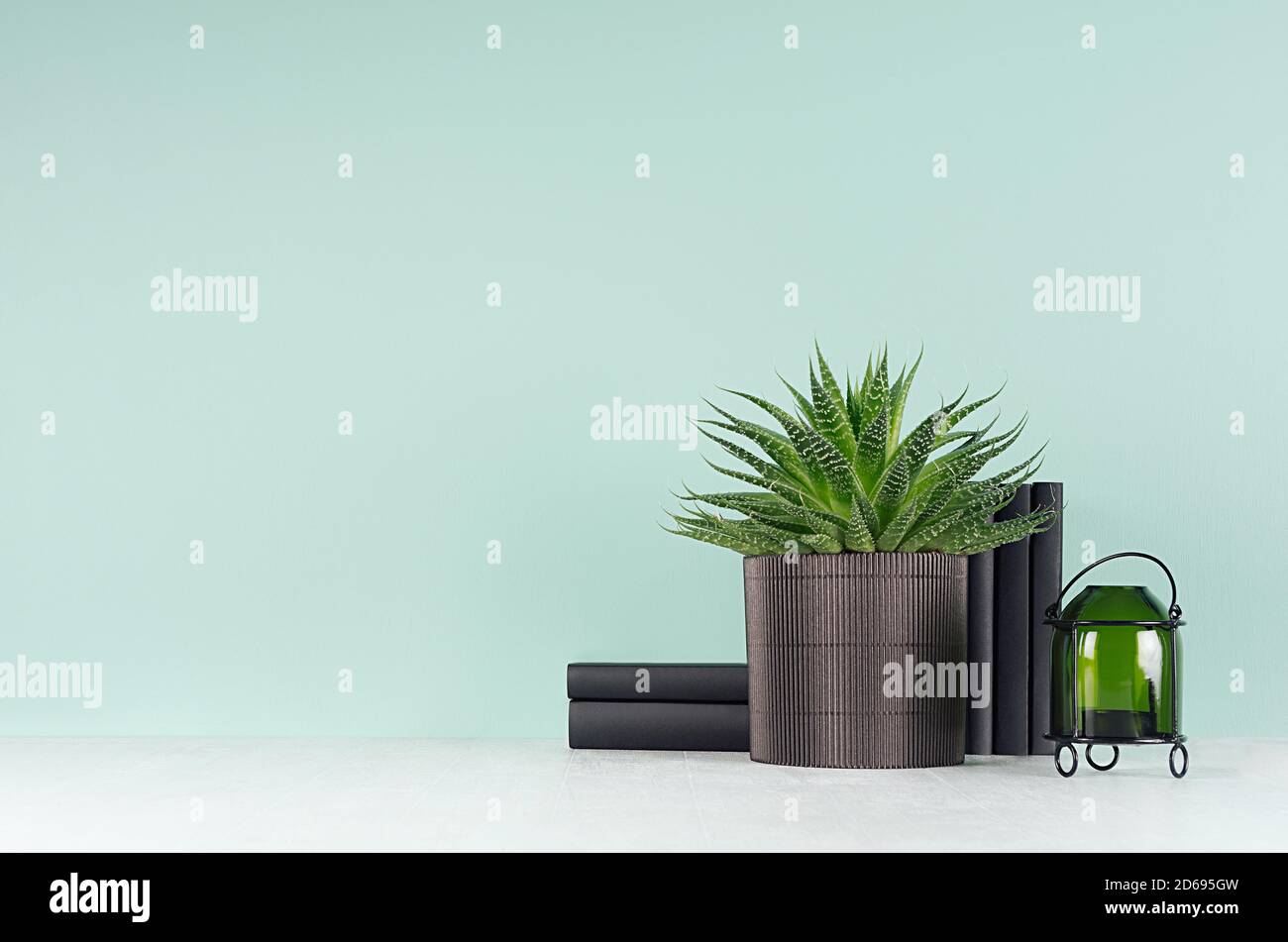 Interni di primavera freschi con piante di aloe in vaso nero a coste, candelabro verde in vetro stile, libri neri sulla parete trendy del menthe verde menta Foto Stock