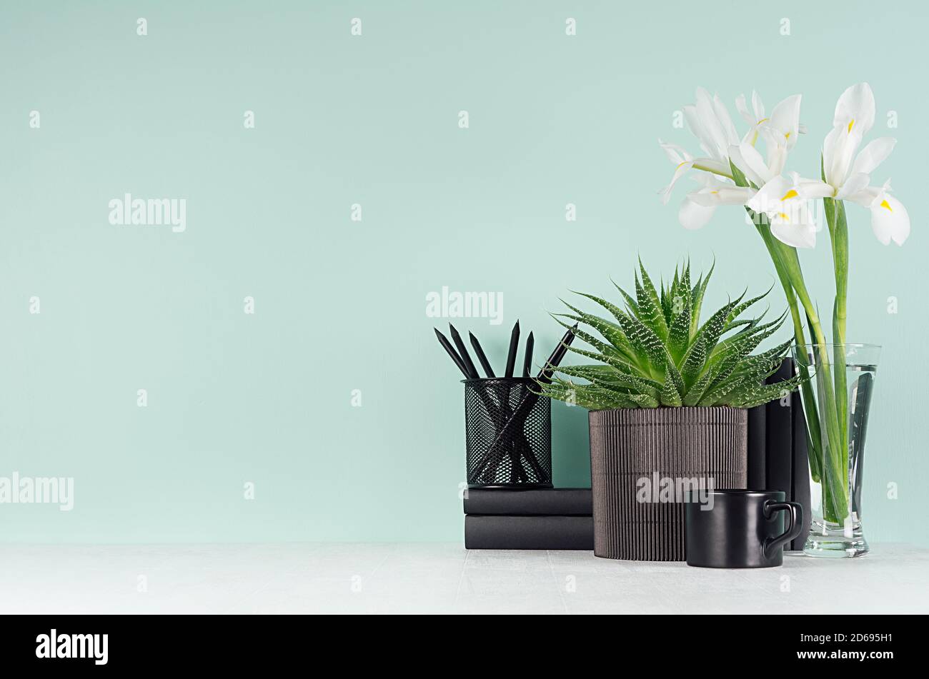 Luogo di lavoro di affari di primavera fresco - cancelleria nera, libri, tazza di caffè, aloe verde in pentola, fiori bianchi in vaso sulla parete di menthe di menta verde e bianco w Foto Stock