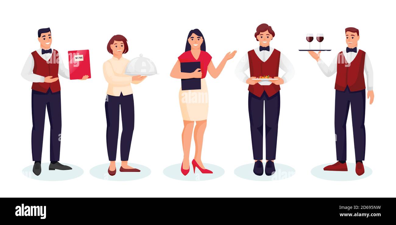 Il personale del ristorante, isolato su sfondo bianco. Immagine piatta vettoriale. Camerieri e hostess uomini e donne. Professionisti del catering. Peopl Illustrazione Vettoriale