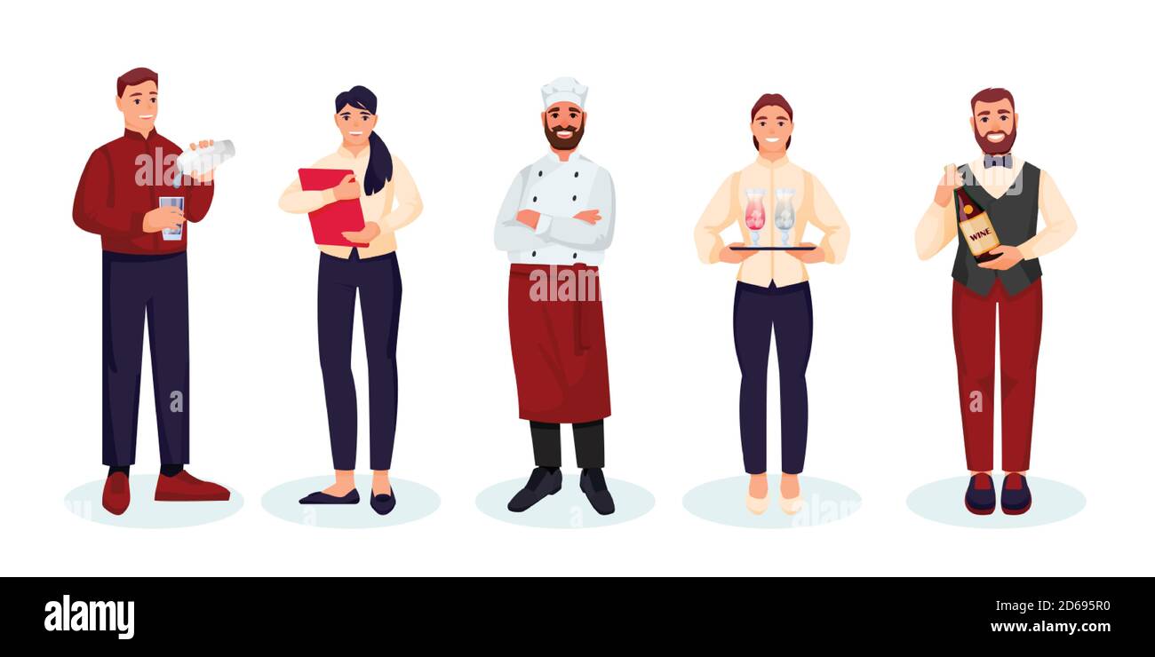 Il personale del ristorante, isolato su sfondo bianco. Immagine piatta vettoriale. Uomini e donne professionisti del catering. Camerieri, chef, barman a Illustrazione Vettoriale