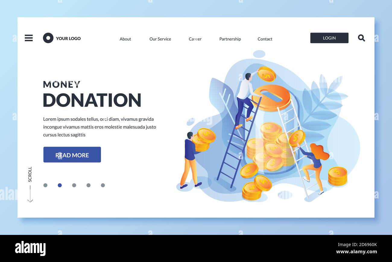 Concetto di donazione di denaro. Illustrazione isometrica 3d vettoriale. La gente che mette i soldi alla banca del vetro. Economia, deposito per pensionamento, beneficenza o crowdfunding Illustrazione Vettoriale