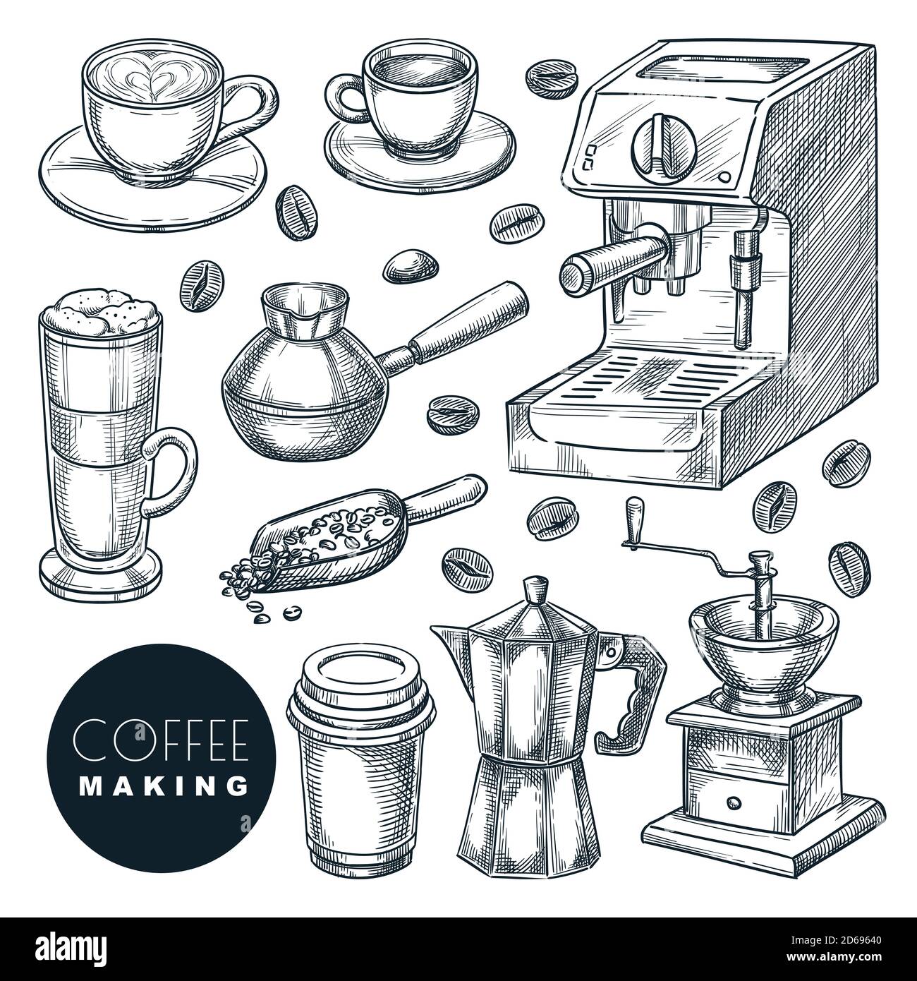 Set di icone per la preparazione del caffè. Illustrazione dello schizzo disegnata a mano dal vettore. Tazza con bevande calde, espresso, cappuccino e latte, isolata su sfondo bianco. Caffè Illustrazione Vettoriale