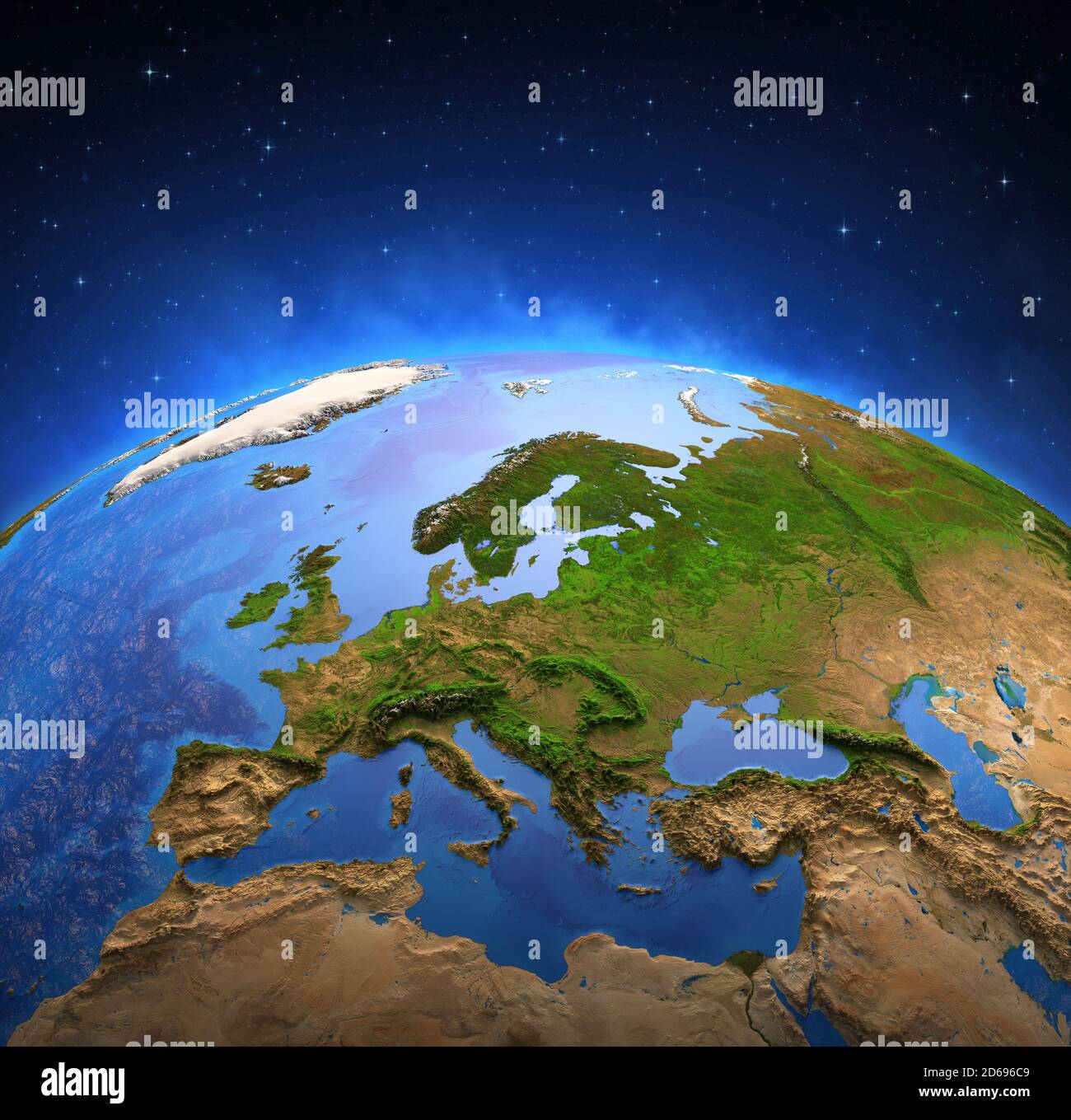 Superficie del pianeta Terra vista da un satellite, focalizzata sull'Europa. Mappa fisica dei paesi europei. Illustrazione 3D - elementi di questa immagine f Foto Stock