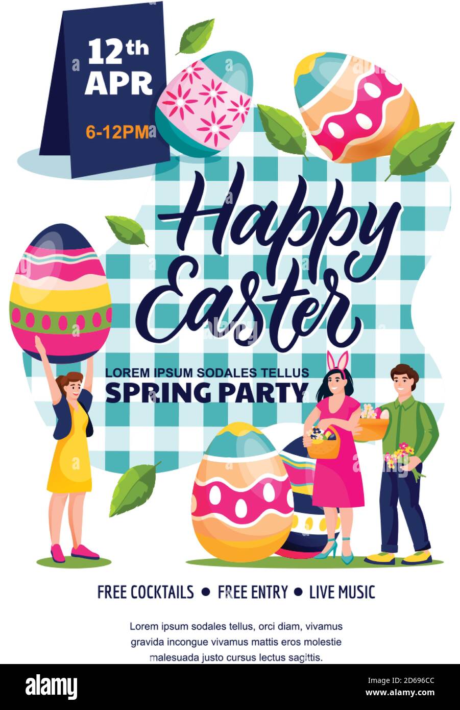 Poster della festa di Pasqua felice, layout di progettazione banner. Concetto di festa di primavera. Illustrazione dei caratteri vettoriali a fumetto piatto. Giovani con pa Illustrazione Vettoriale