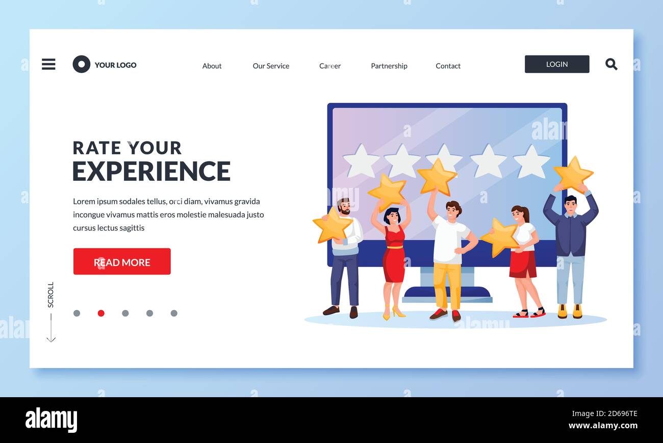 Feedback online dei clienti e concetto di valutazione. Illustrazione di cartoni animati vettoriali piatti per la pagina di destinazione web, banner, poster design. Diversità persone con tasso Illustrazione Vettoriale