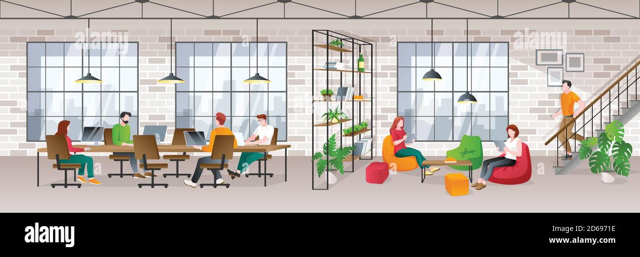 Interno di un loft per ufficio con lavoro. Immagine piatta vettoriale trendy. Spazio di lavoro creativo, freelance sul posto di lavoro. Illustrazione Vettoriale