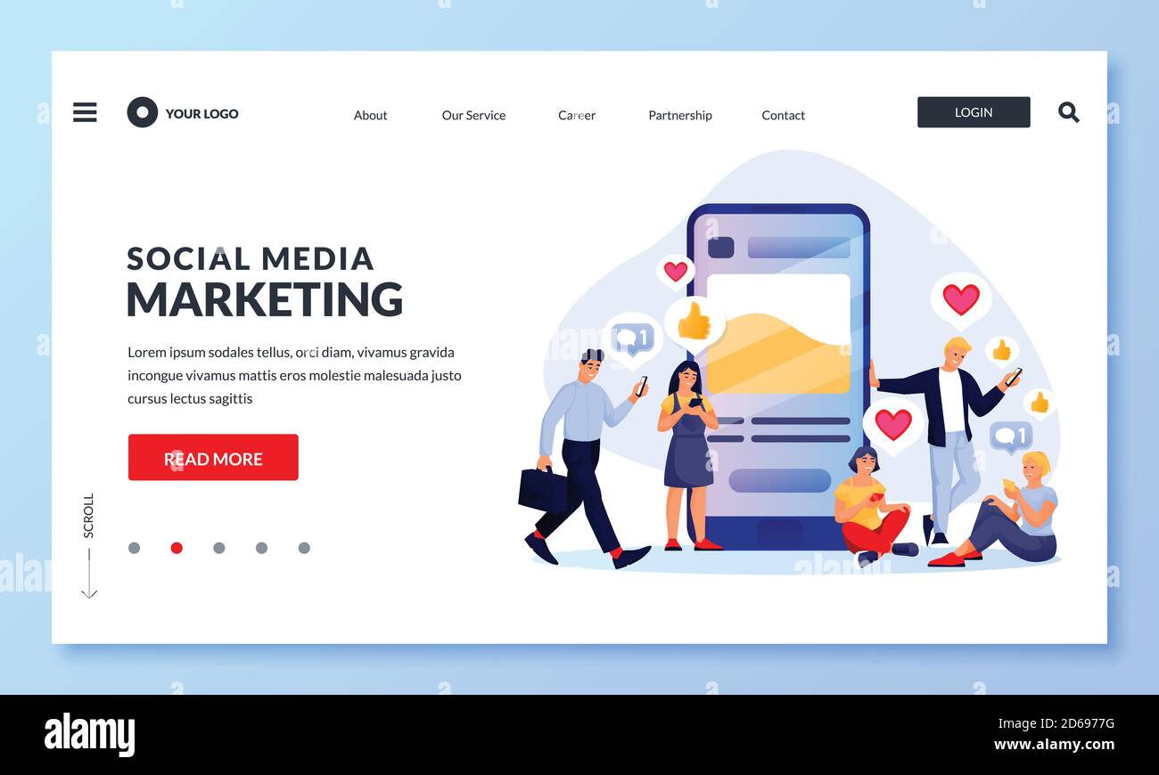 Strategia di marketing sui social media per aumentare i clienti e i seguaci del pubblico. Illustrazione vettoriale. La gente gradiscono e commentano sul post dei social network. D. SMM Illustrazione Vettoriale