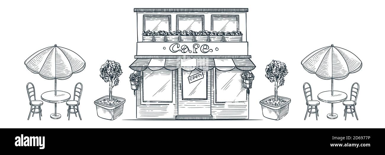 Via caffè, negozio o panificio edificio. Disegno vettoriale del ristorante italiano, tavolo con ombrellone e sedie. Parigi caffetteria disegnata a mano des Illustrazione Vettoriale