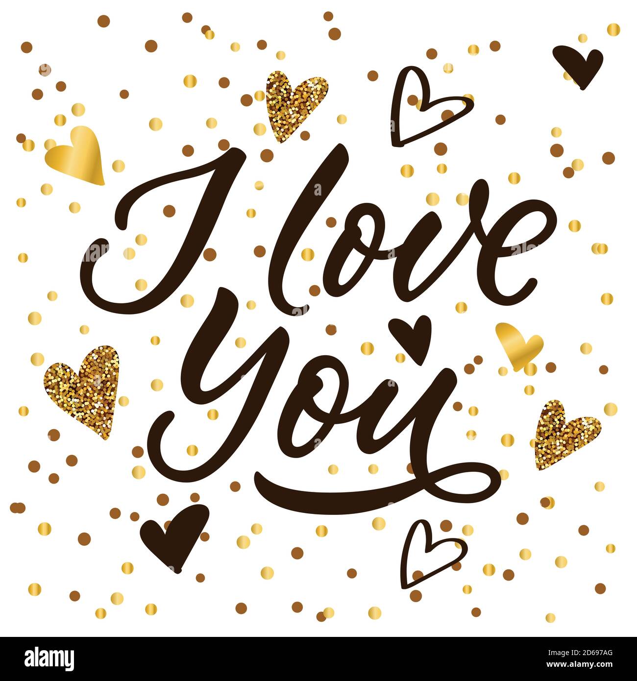 Ti amo calligrafia scritta, nero e decorazione cuore dorato. Illustrazione vettoriale. Banner moderno di lusso, poster, invito sfondo bianco Illustrazione Vettoriale