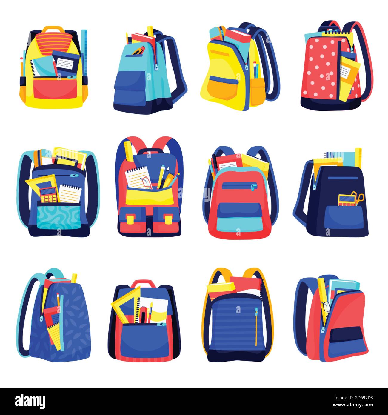 Zaino da scuola icone colorate, isolati su sfondo bianco. Cartoni animati vettoriali piatti illustrazione di zaini multicolore per bambini. Attrezzature didattiche o Illustrazione Vettoriale