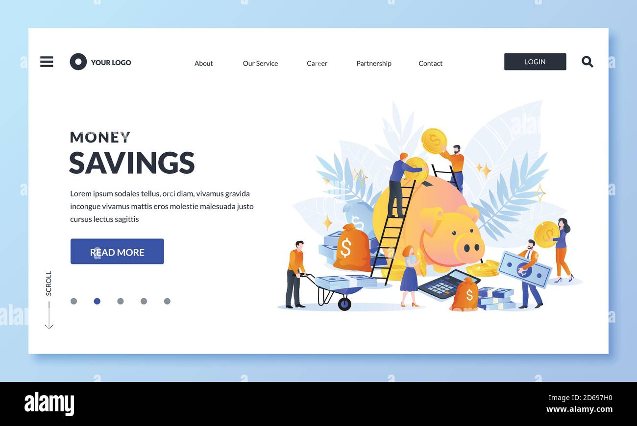 Economia di denaro e risparmio o pensionamento concetto di risparmio. Illustrazione vettoriale. Yoog gente che mette i soldi a piggybank. Donazione di beneficenza o crowdf di affari Illustrazione Vettoriale