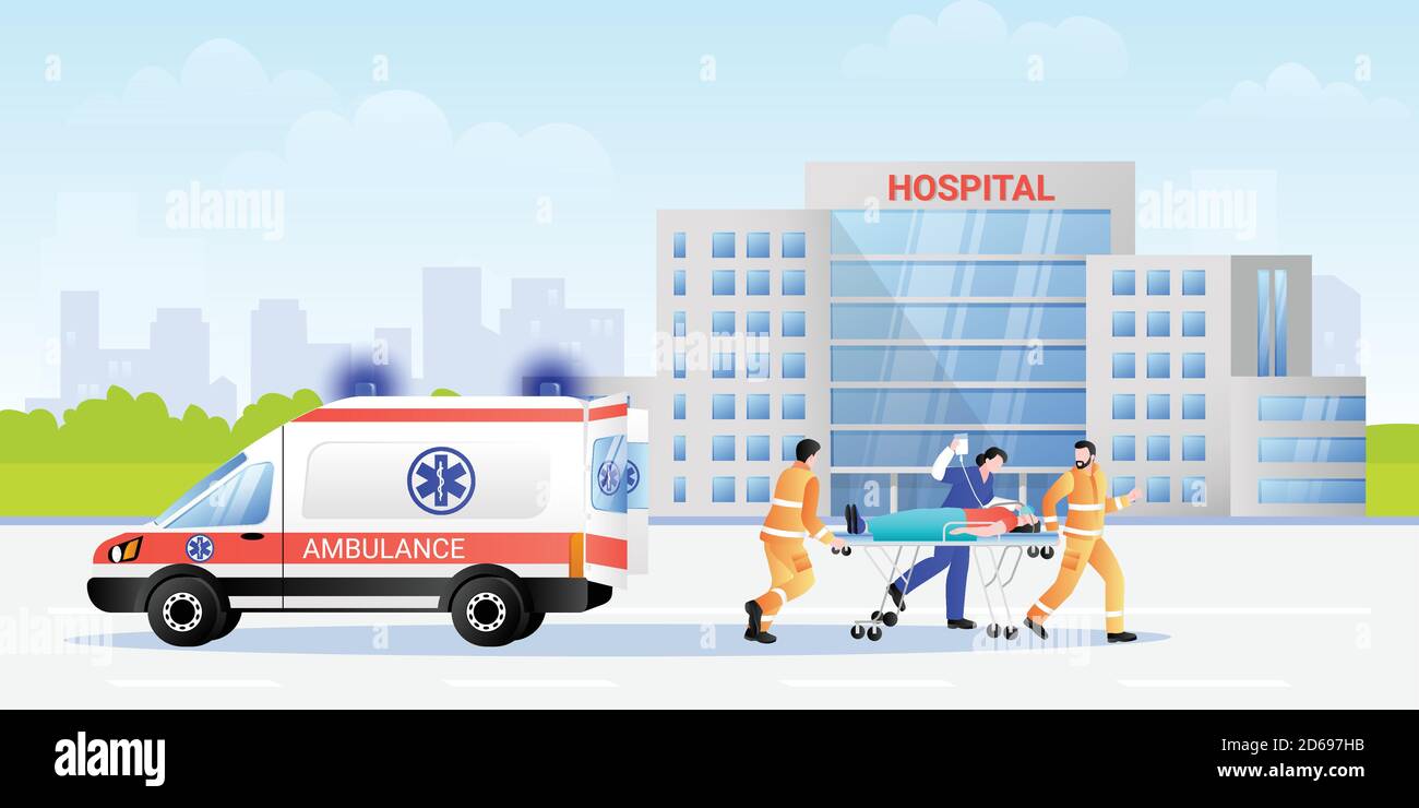 Infermiere paramedico e ospedaliero che trasporta il paziente in barella dalla vettura di ambulanza. Vettore flat illustrazione del team di personaggi medici professionali. Emerg Illustrazione Vettoriale