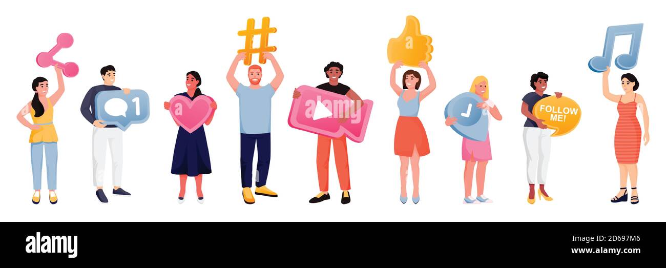 Diversità persone con i simboli dei social media. Immagine vettoriale a fumetto piatto, isolata su sfondo bianco. Uomini e donne con hashtag, mappa pi Illustrazione Vettoriale