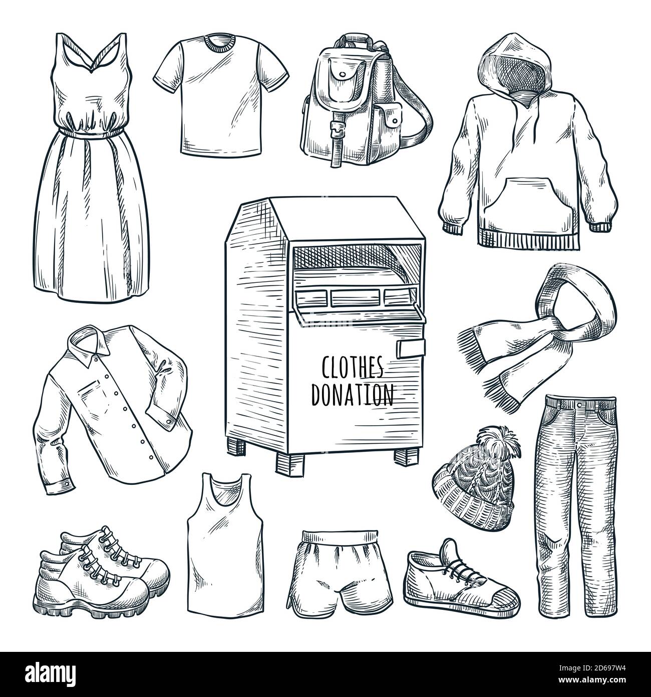 Elementi di design per la donazione di abiti. Illustrazione dello schizzo disegnata a mano dal vettore. Bidone urbano per gli aiuti umanitari sociali. Contenitore per la città per l'app usata Illustrazione Vettoriale