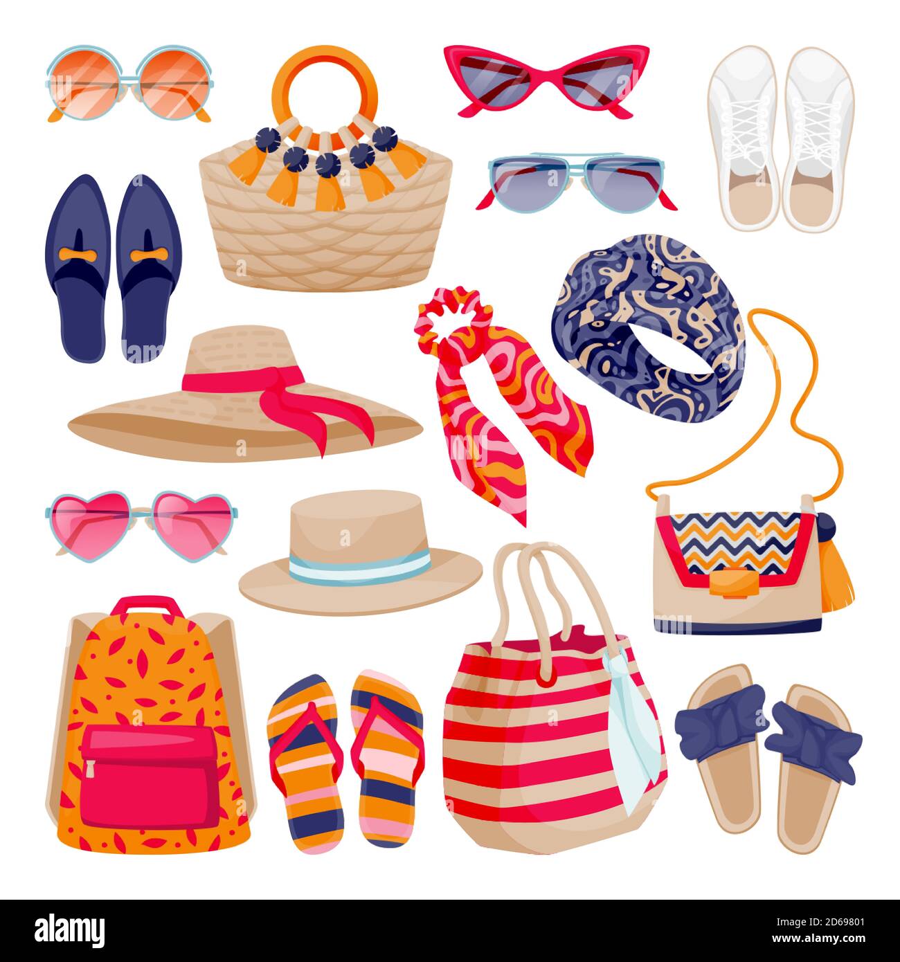 Collezione di accessori estivi moda femminile. Scarpe da donna, borse, occhiali da sole, cappelli, isolati su sfondo bianco. Illustrazione di un cartone piatto vettoriale. Fa Illustrazione Vettoriale
