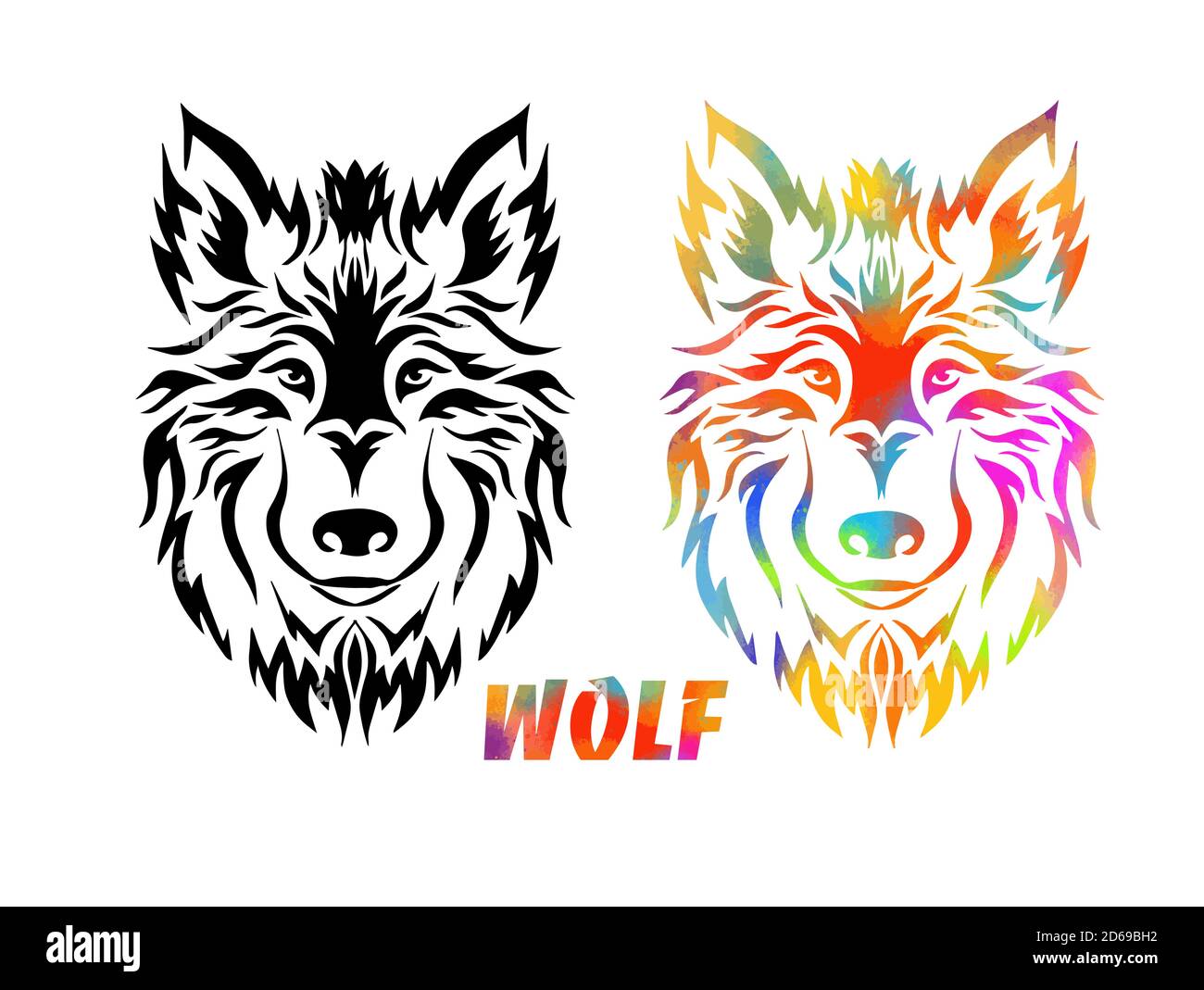 Simbolo della mascotte con logo Wolf Face per il design di camicie o aziende. Stampa T-shirt. Segno cane. Elemento Mixed media.Vector Vintage Design. Illustrazione Vettoriale