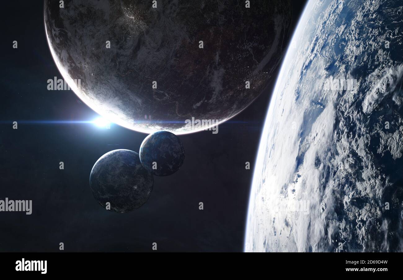 Pianeti alla luce della stella blu. Splendido spazio profondo Foto Stock