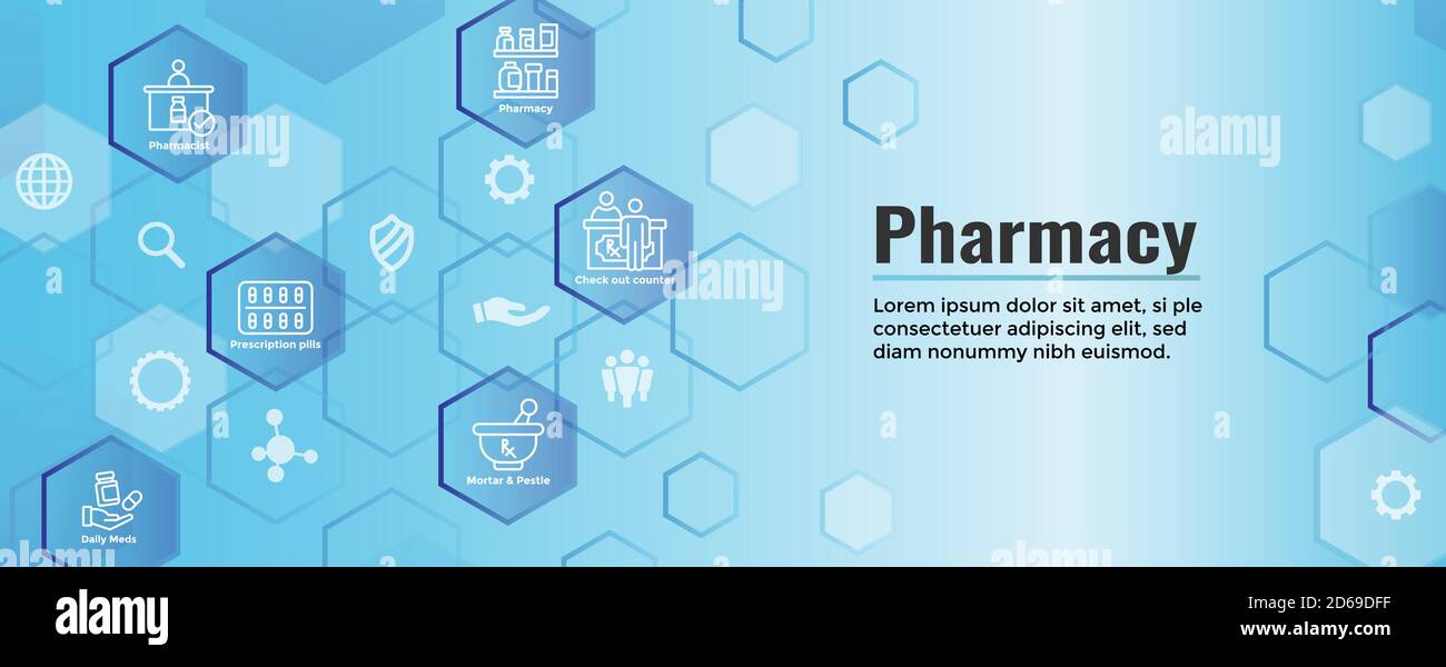 Set di icone per farmaci e prodotti farmaceutici con banner di intestazione Web Illustrazione Vettoriale
