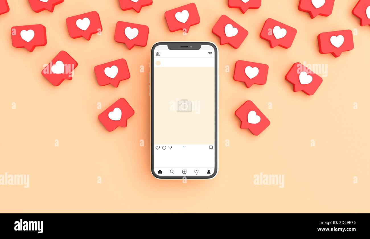 Instagram postare mockup con telefono su uno sfondo beige circondato da notifiche simili. Rendering 3D Foto Stock
