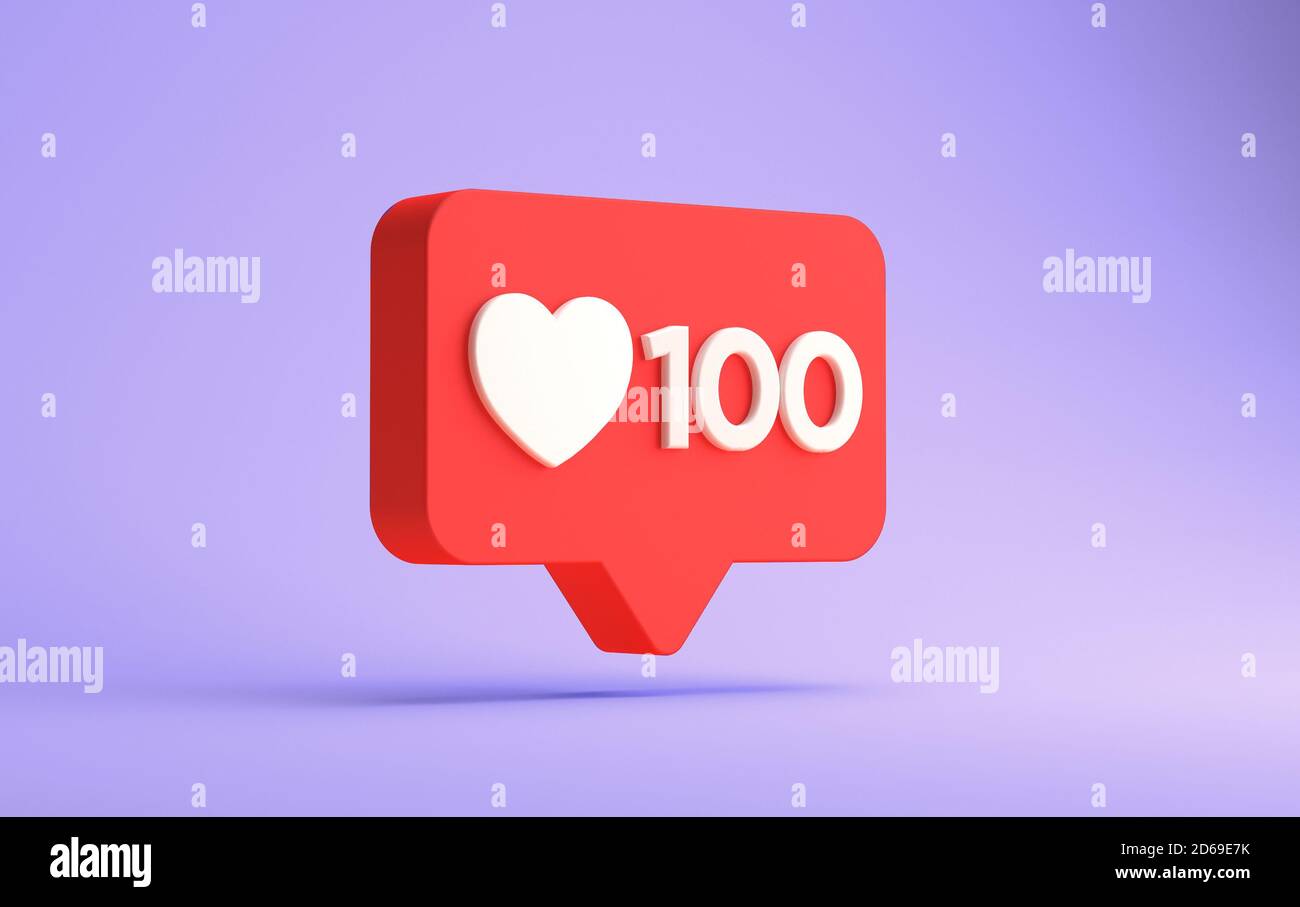 il rendering 3d dei social media a centinaia piace la notifica mobile isolata su sfondo viola Foto Stock