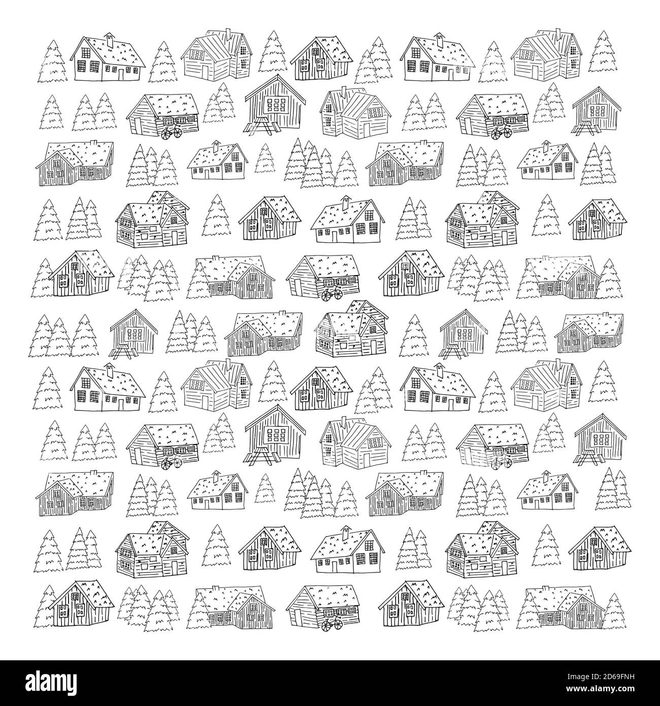 Set bianco nero di case e alberi di natale per la colorazione libro o carta Illustrazione Vettoriale
