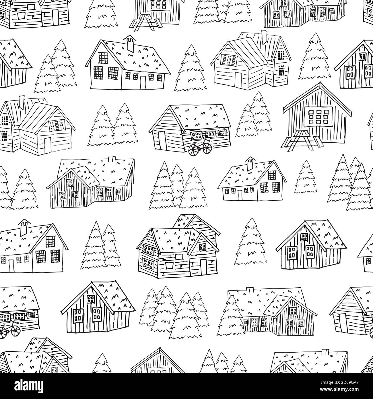 Set bianco nero di case e alberi di natale per la colorazione libro o carta motivo senza giunture Illustrazione Vettoriale