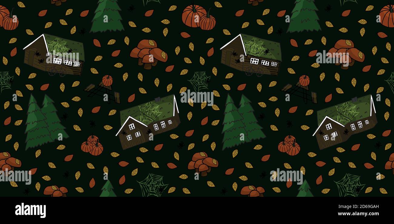 Marrone legno scandinavo case, alberi, zucche, ragni, web, foglie e funghi modello senza giunture Illustrazione Vettoriale