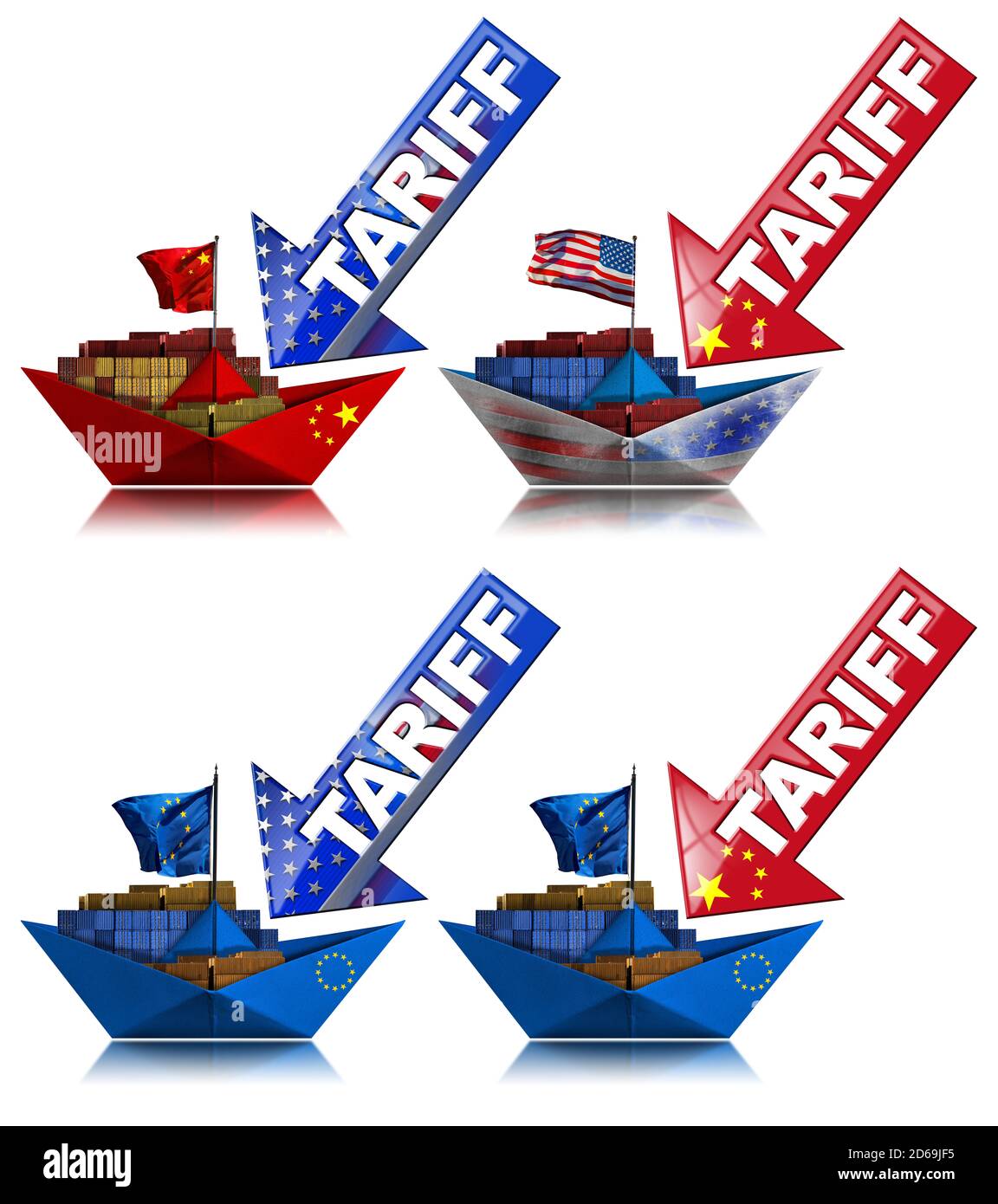 USA, Cina ed Europa concetto di guerra commerciale. Quattro navi portacontainer con bandiere nazionali e frecce con testo Tariffa. Isolato su bianco. Foto Stock