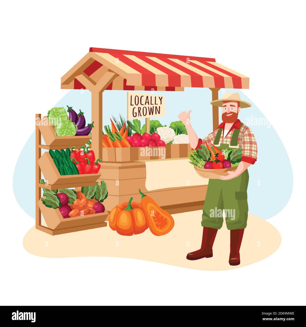 Mercato agricolo vettore piano cartoni animati illustrazione. Coltivatore vende verdure fresche coltivate localmente. Concetto sano di negozio di alimentari biologico. Illustrazione Vettoriale
