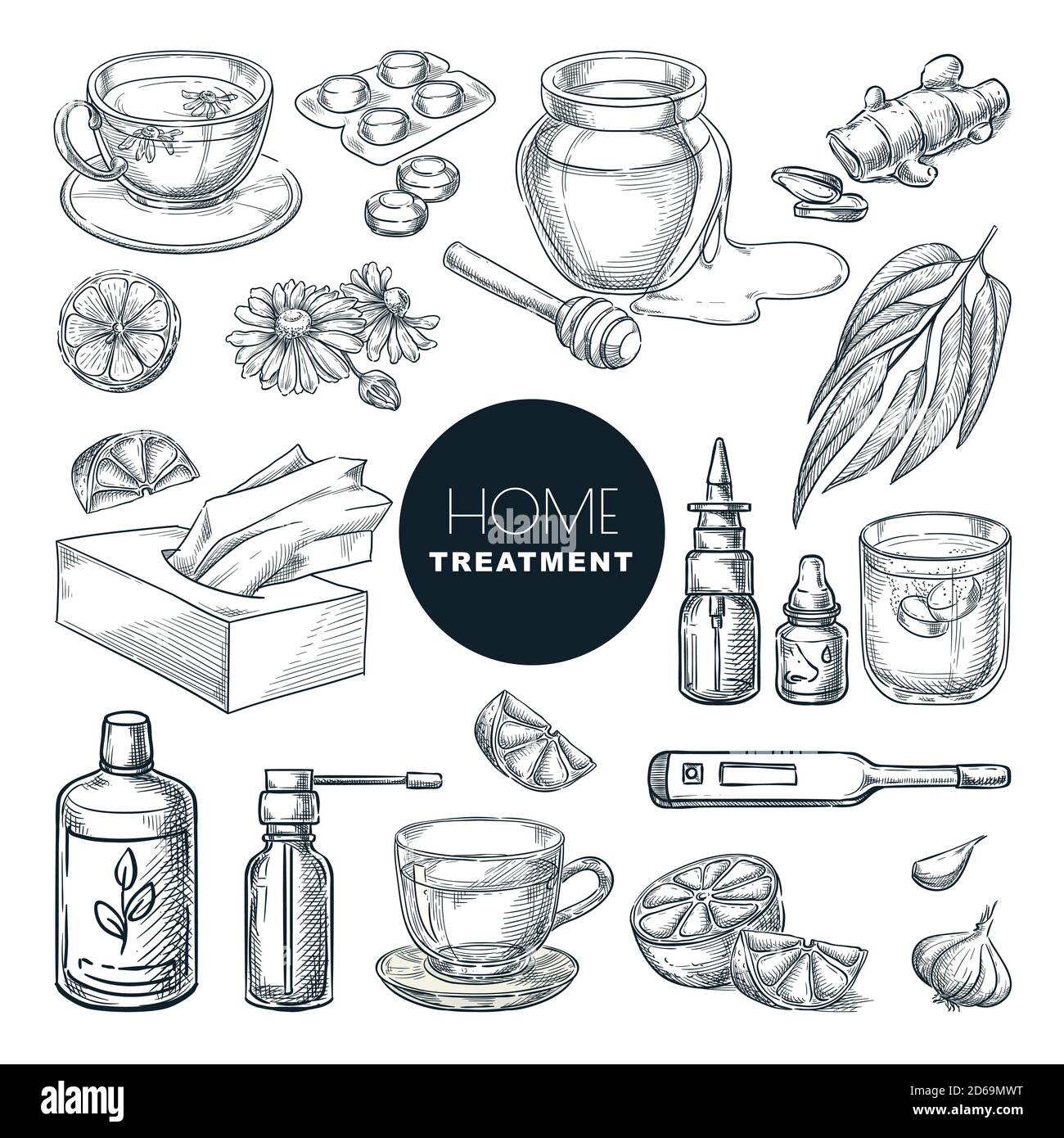 Rimedi domestici trattamento e farmaci per raffreddori, tosse. Illustrazione dello schizzo disegnata a mano dal vettore. Salute naturale erboroterapia icone, isolato su w Illustrazione Vettoriale