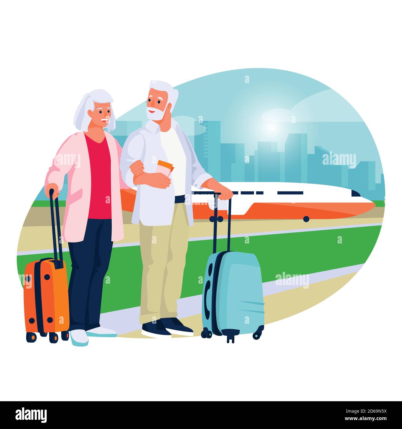 Coppie anziane viaggiano in aereo. Cartoni animati vettoriali di turismo e vacanza per anziani e pensionati. Illustrazione Vettoriale
