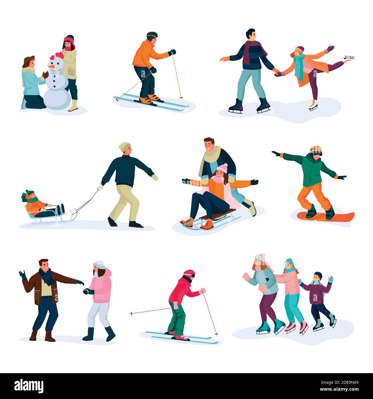 Sport invernali, stile di vita e attività. Felici giovani set, isolati su sfondo bianco. Illustrazione di cartoni animati piatti vettoriali ed elementi di disegno Illustrazione Vettoriale