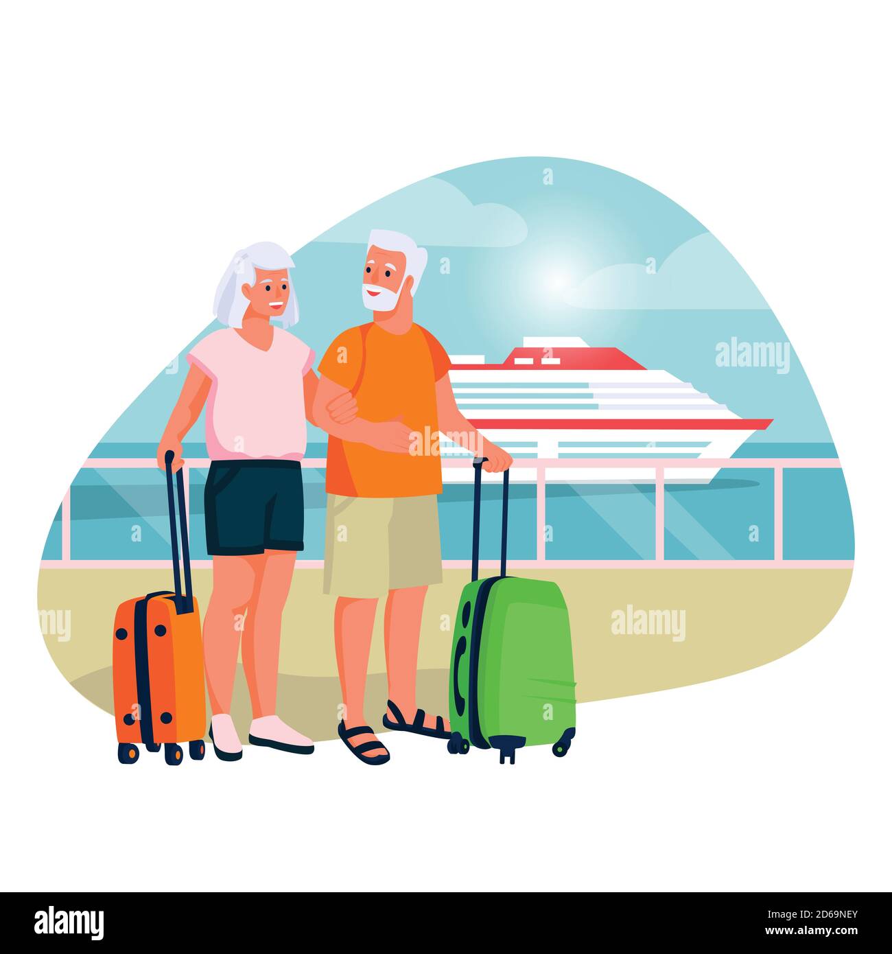 Coppie anziane che vanno in crociera in mare con nave. Cartoni animati vettoriali di turismo e vacanza per anziani e pensionati. Illustrazione Vettoriale