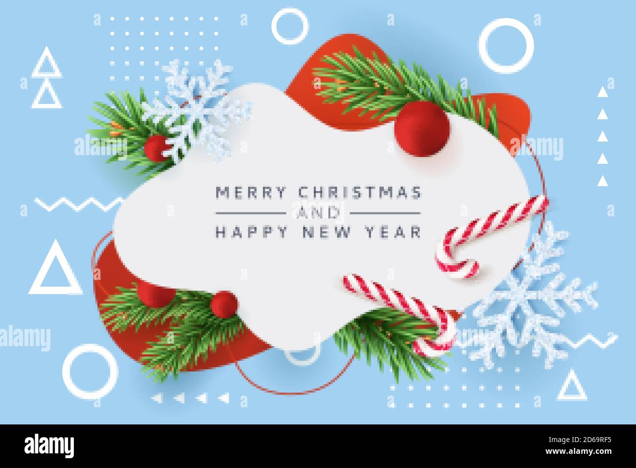 Buon Natale, Felice poster di Capodanno, banner astratto cornice bianca. Vector 3d illustrazione realistica di rami di abete verde, fiocchi di neve, caramelle a strisce Illustrazione Vettoriale