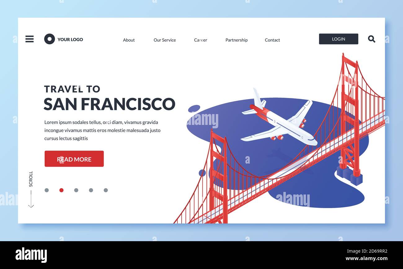 Viaggio a San Francisco, USA vettore immagine isometrica 3d. L'aereo sorvola il Golden Gate Bridge. Pagina di destinazione Web, banner, poster. Turismo w Illustrazione Vettoriale