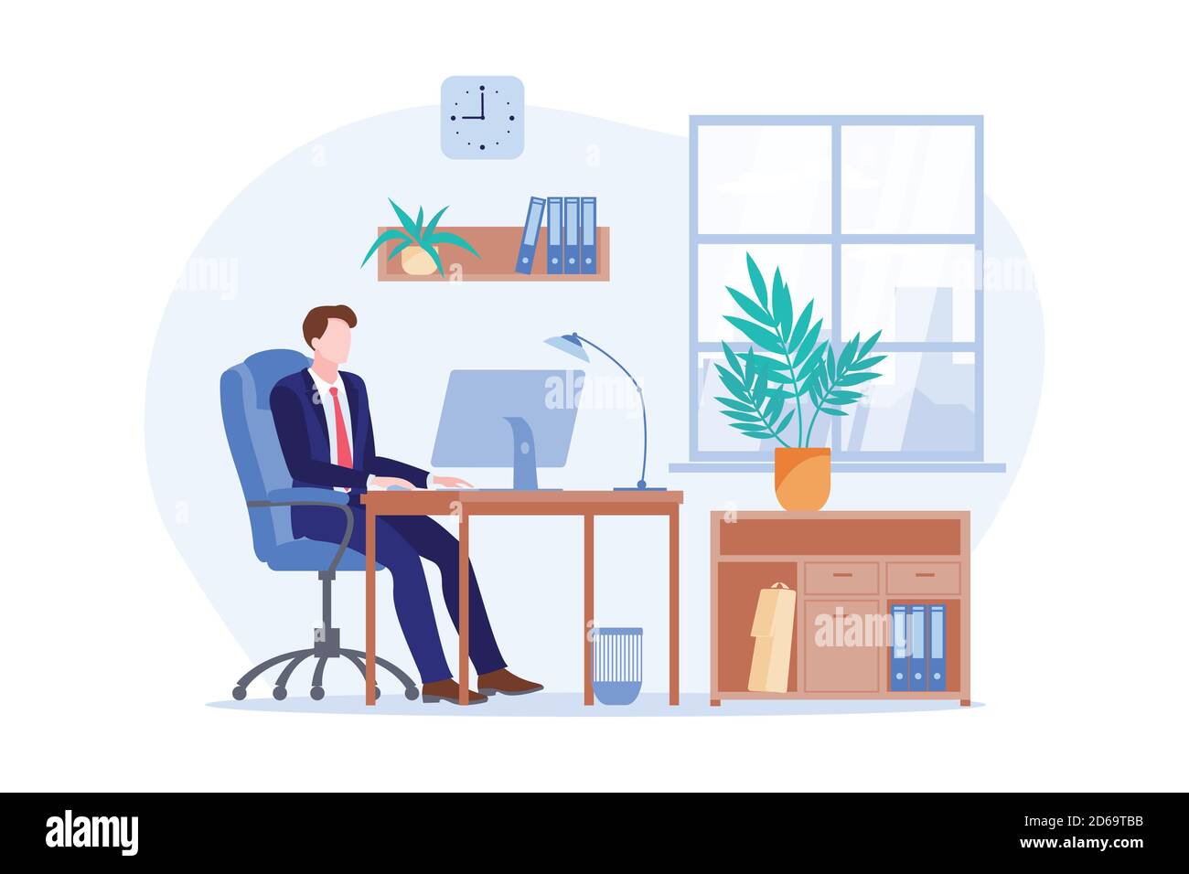 Mattina di lavoro di un uomo d'affari. Cartoni animati vettoriali piatti illustrazione del luogo di lavoro dell'ufficio. Uomo d'affari seduto alla scrivania e lavora sul computer. Illustrazione Vettoriale