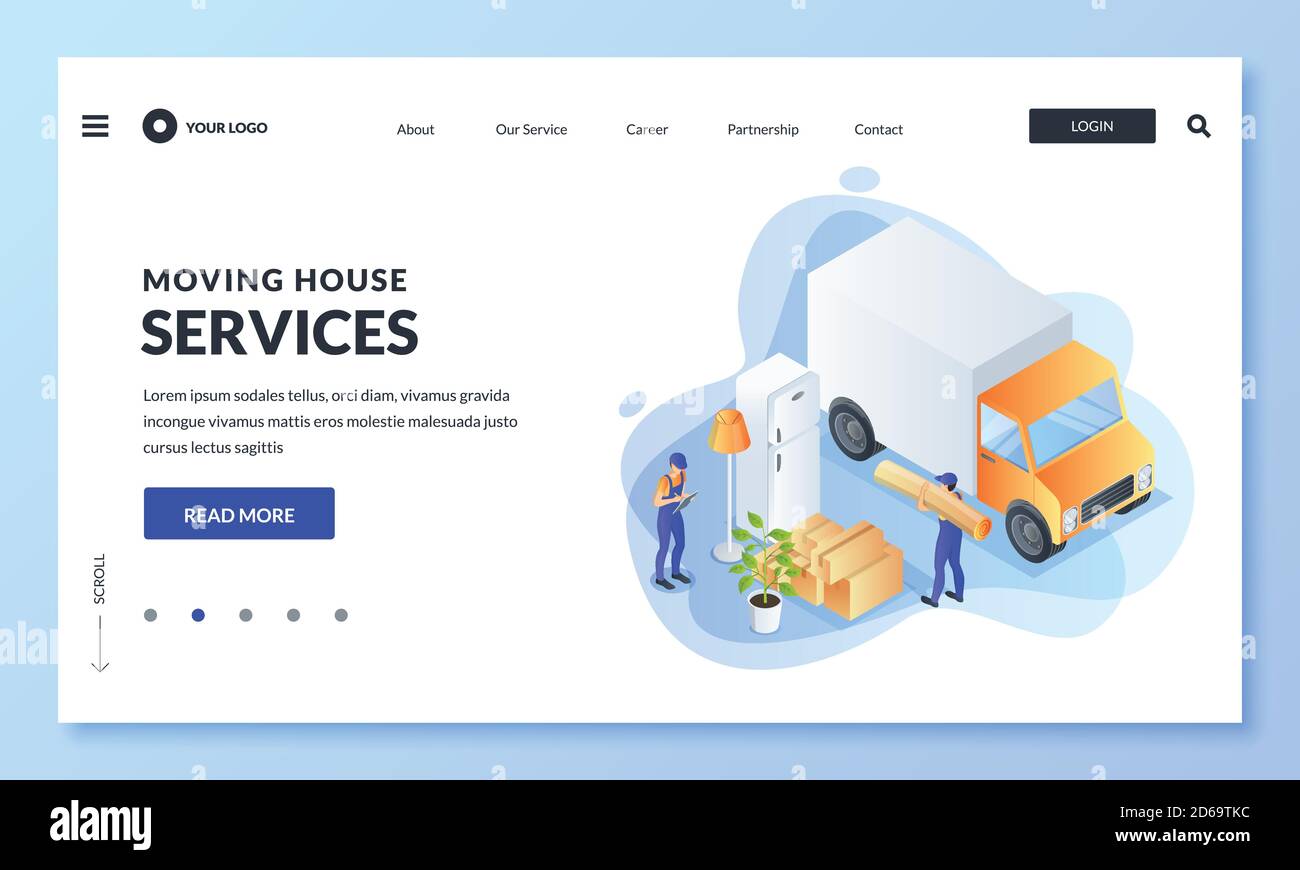 Spostare a casa, il trasferimento o il concetto di consegna. Gli addetti alla movimentazione di frigorifero, moquette, mobili, scatole per la manutenzione nel camion. Vettore 3d isometrico illus Illustrazione Vettoriale