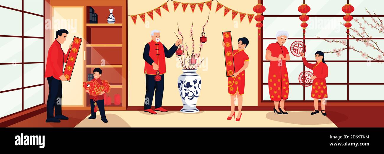 La famiglia cinese felice si prepara per il Capodanno lunare e decora la casa con lanterne e bandiere. Illustrazione di un cartone piatto vettoriale. Orientale tradizionale h Illustrazione Vettoriale