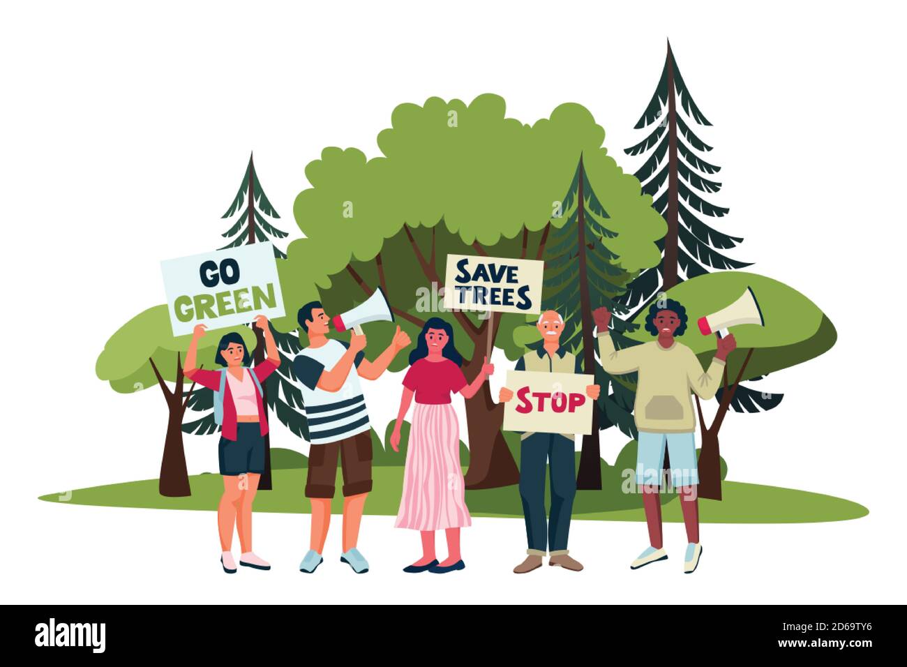 Attivisti ambientali campagna contro la deforestazione. Cartoni animati vettoriali piani illustrazione di protestare eco-attivisti con manifesti in dimostrazione. SA Illustrazione Vettoriale