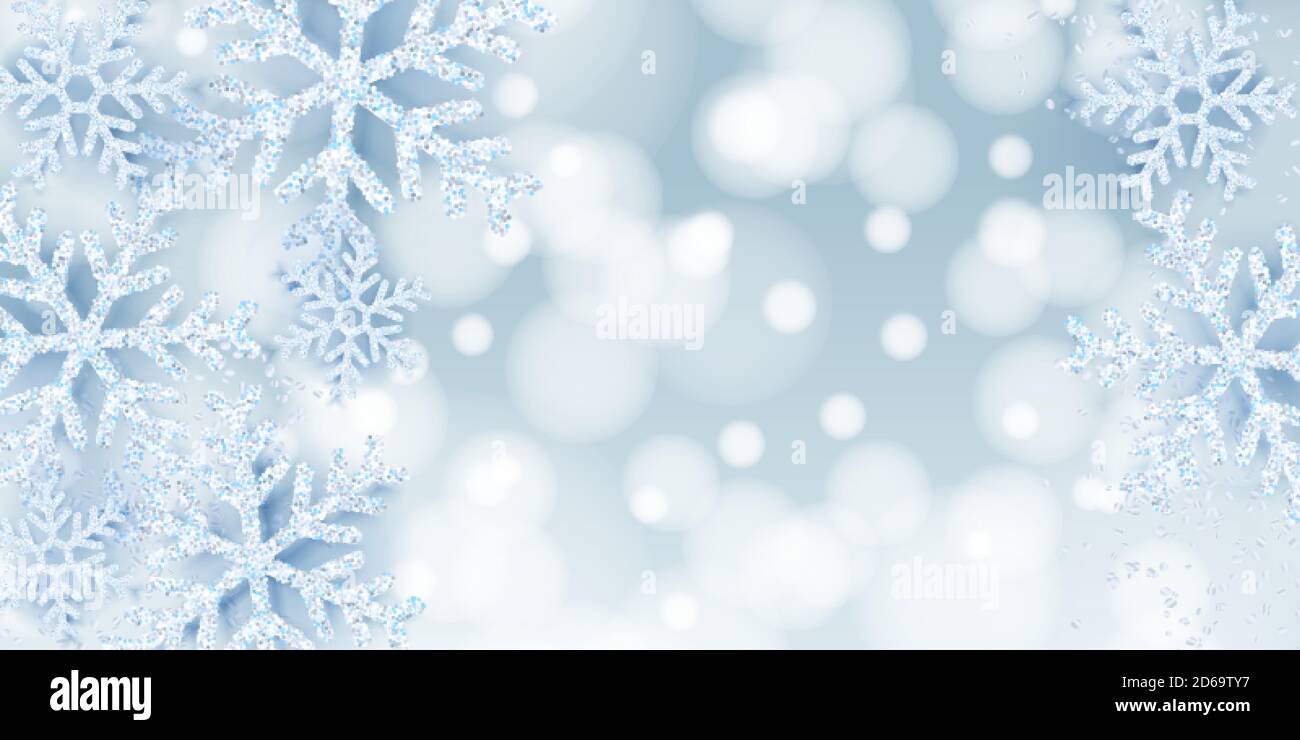 Sfondo blu astratto invernale con fiocchi di neve bianchi realistici. Elegante banner sfocato, poster, sfondo di biglietti d'auguri per Natale o Capodanno Illustrazione Vettoriale