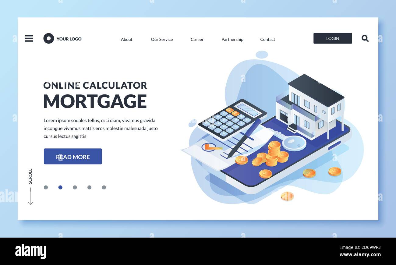 App online per il calcolo del tasso ipotecario. Illustrazione isometrica 3d vettoriale. Concetto di prestito immobiliare, investimento immobiliare. Pagina di destinazione Web, banner, Illustrazione Vettoriale