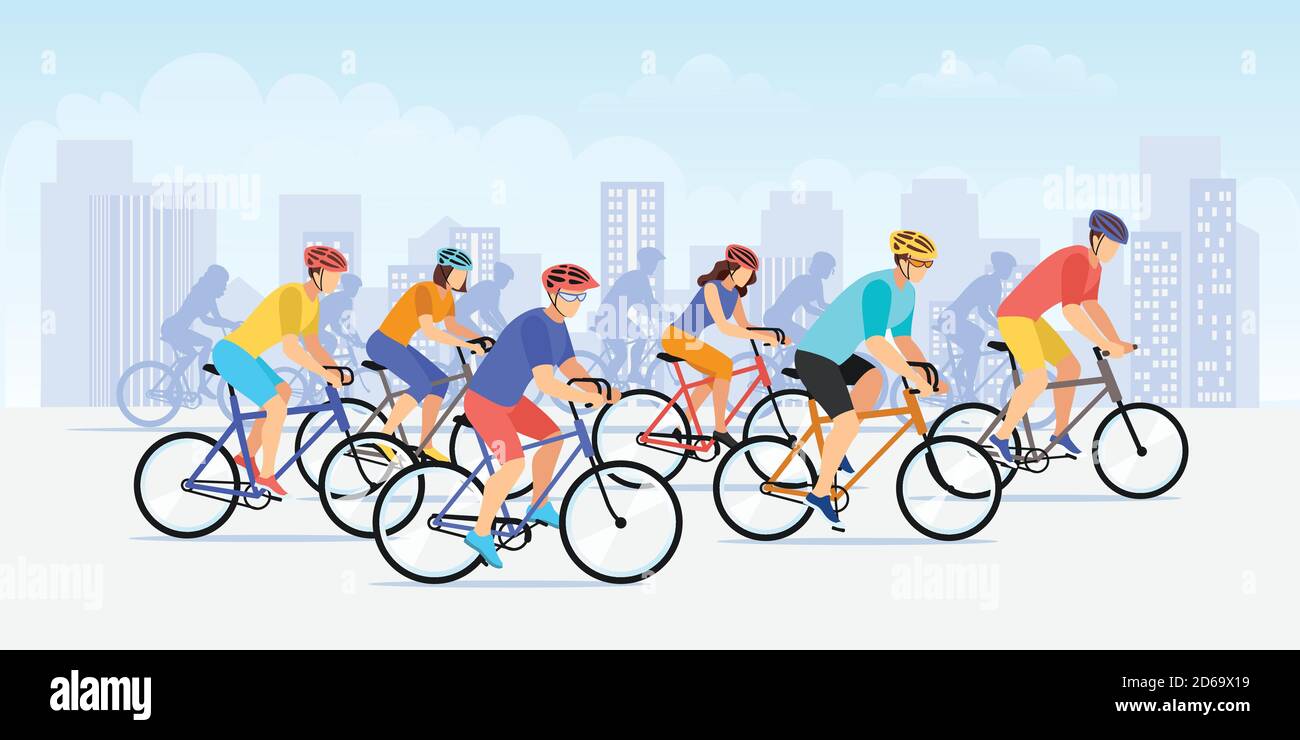 Maratona sportiva in bicicletta. Illustrazione della corsa della bici del cartone animato piatto del vettore. Colorati ciclista persone sullo sfondo del paesaggio urbano. Sport all'aperto, co Illustrazione Vettoriale