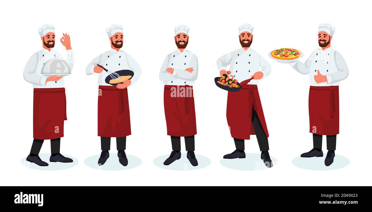 Chef con baffi e barba in diverse posizioni, su sfondo bianco. Immagine piatta vettoriale. Personaggio fumetto dell'uomo di cucina in cappello e uniforme Illustrazione Vettoriale