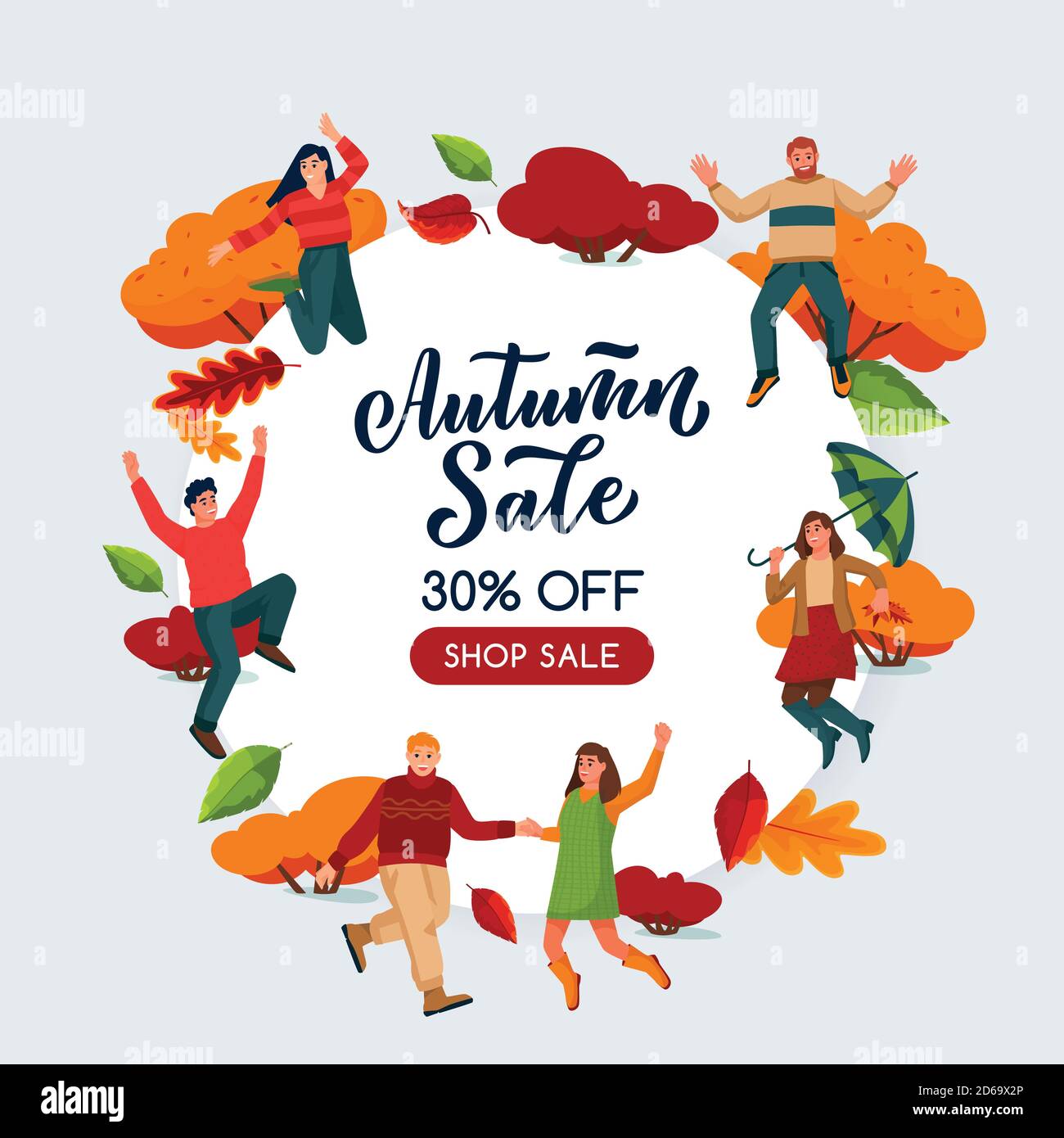 Poster di vendita della stagione autunnale, modello di banner design. Autunno astratto sfondo bianco cornice. Vettoriale cartoon piatto illustrazione di persone felici saltando e. Illustrazione Vettoriale