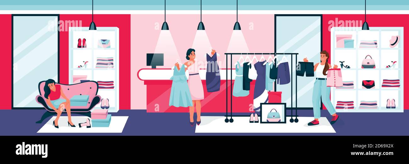 Le giovani donne felici provano sugli abiti e sulle scarpe in boutique di abbigliamento. Vector cartoon piano illustrazione degli interni del negozio di moda. Vendita stagionale in negozio o. Illustrazione Vettoriale