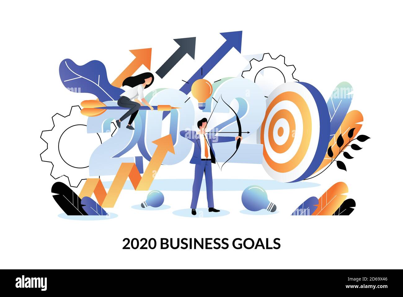 Obiettivi di business, strategia e piano di successo futuro per il nuovo anno 2020. Illustrazione vettoriale a cartoni animati piatti per la progettazione di banner o poster per la landing page Web Illustrazione Vettoriale