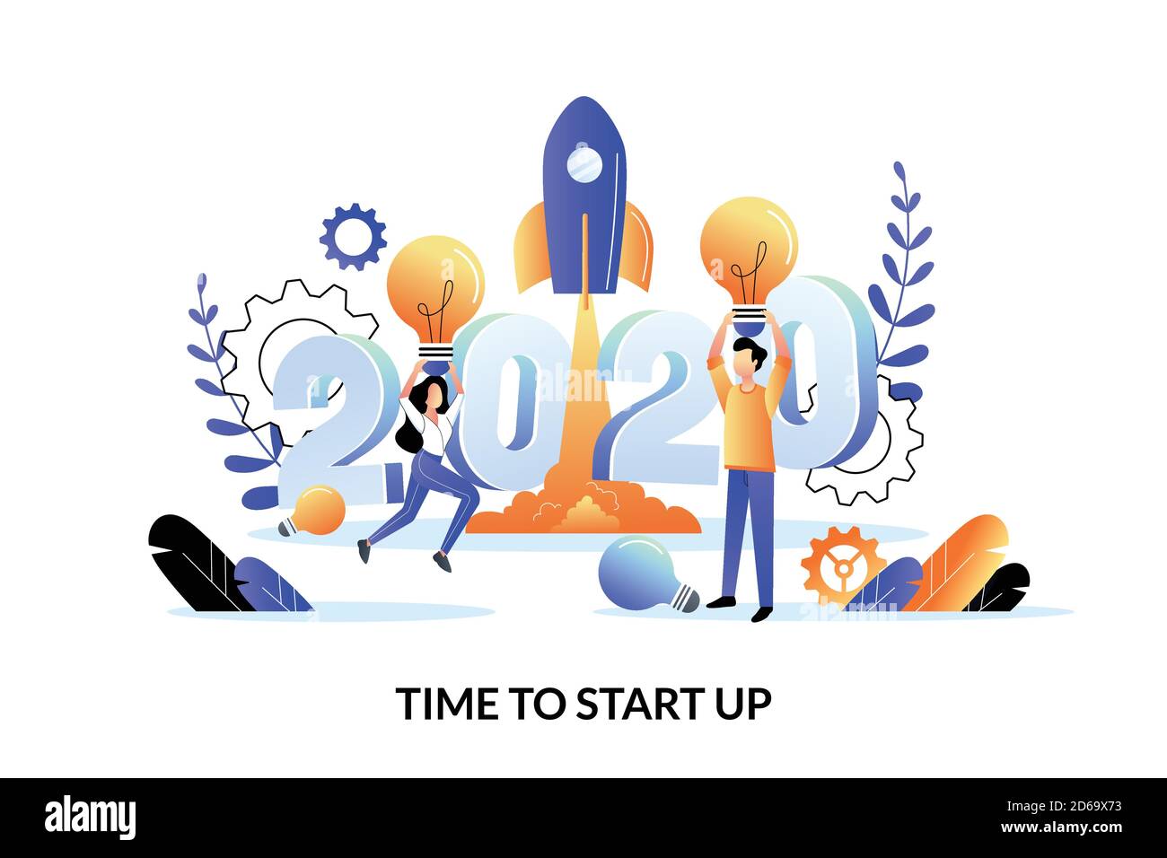 La strategia di avvio dei progetti aziendali e il piano per il nuovo anno 2020. Vettoriale cartoon piano illustrazione di persone creative team per web landing page banner, po Illustrazione Vettoriale