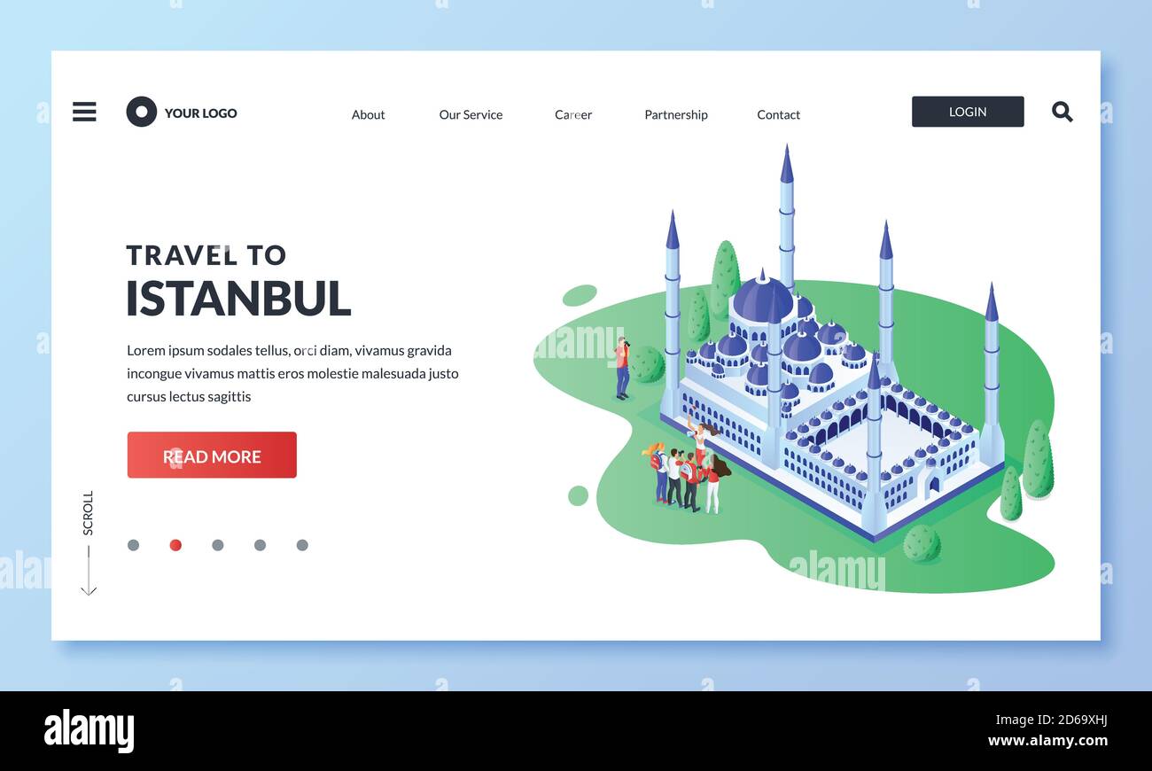Viaggio a Istanbul, Turchia. Vettore 3d illustrazione isometrica della Moschea Blu del Sultano Ahmad, gruppo turistico con guida. Pagina di destinazione Web, banner, poster d Illustrazione Vettoriale