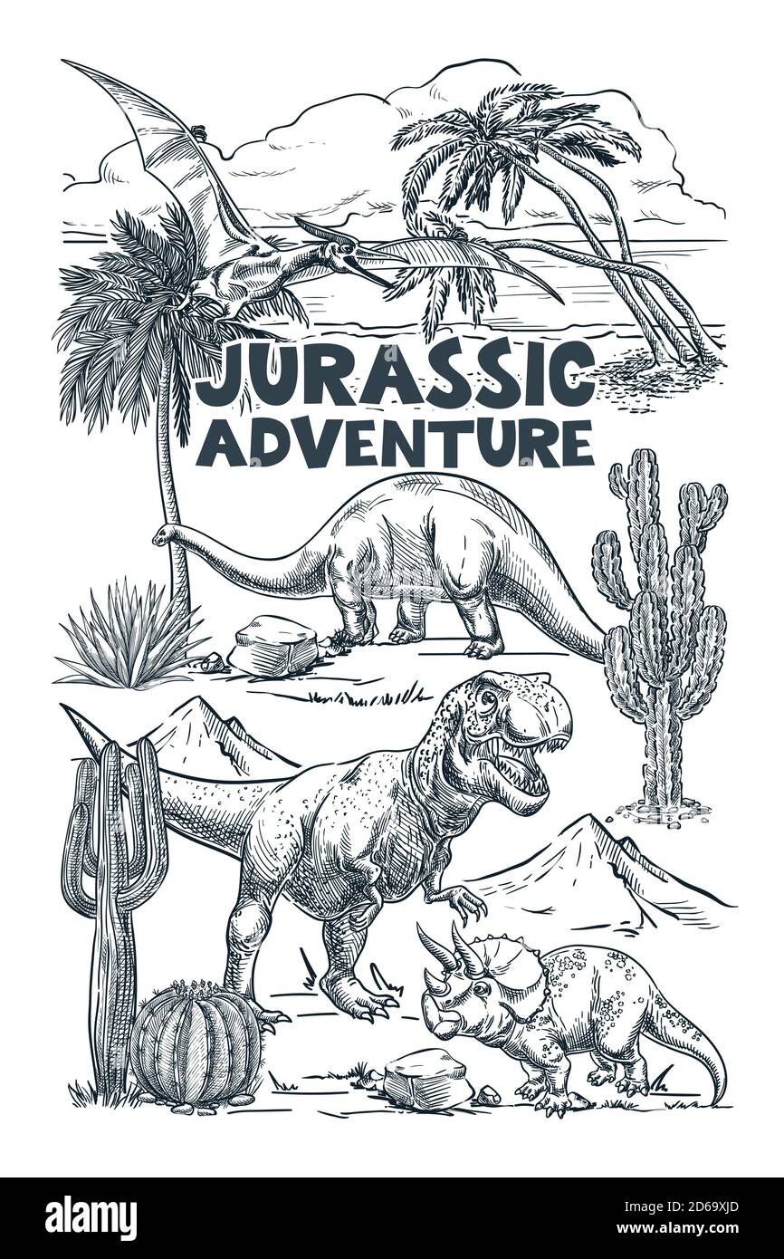Dinosauri e paesaggio tropicale. Illustrazione dello schizzo disegnata a mano dal vettore. Stampa o striscione di T-shirt grafica tessile di moda, poster design. Illustrazione Vettoriale